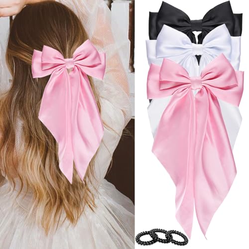 Wdnew 3Pcs Large Satin Hair Bows for Women - Bow Clips, Hair Barrettes and Accessories (3 count, Black Pink White)