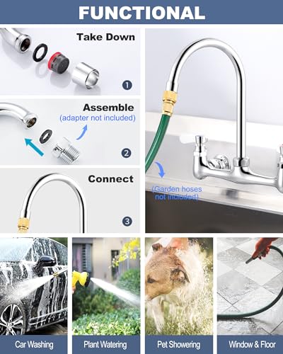 iVIGA Commercial Sink Faucet with 6” Gooseneck Swivel Spout, 8" Center Wall Mount Kitchen Faucet, Dual Handles Brass Utility Sink Faucet for Laundry Room Restaurant Compartment Sink, Polish Chrome