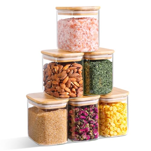 ComSaf 26oz Rectangle Glass Storage Containers with Lids, Glass Jars with Bamboo Lids, Clear Food Storage Jar, Sugar Coffee Containers, Small Pantry Storage Container for Tea Candy Nuts Spices Oat
