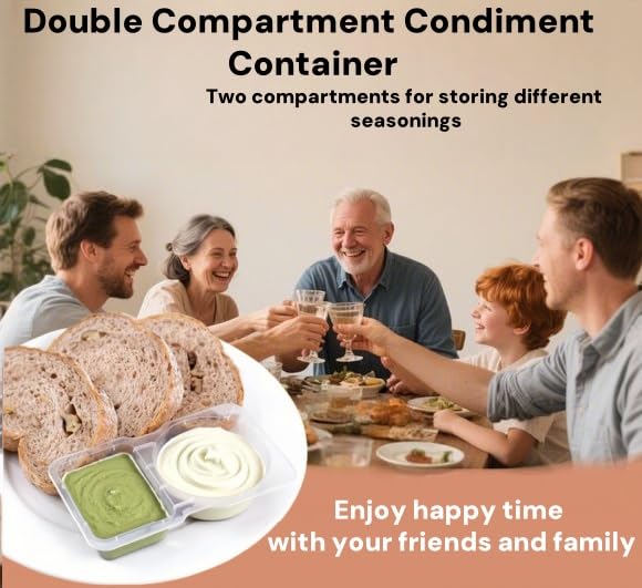 20-Pack Snack Containers with Lids, Disposable Double Compartment Sauce Cups, Portable Plastic Boxes for Snacks, Dips, Meal Prep, Portion Control, School, Office, Camping & Travel