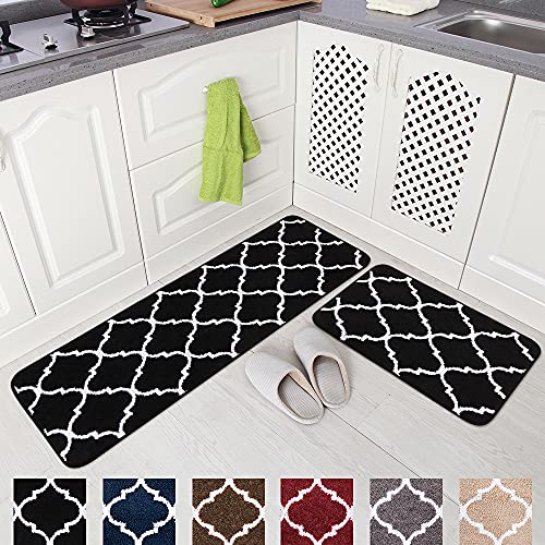 Carvapet 2 Pieces Microfiber Moroccan Trellis Non-Slip Soft Kitchen Mat Bath Rug Doormat Runner Carpet Set, 17"x48"+17"x24", Black