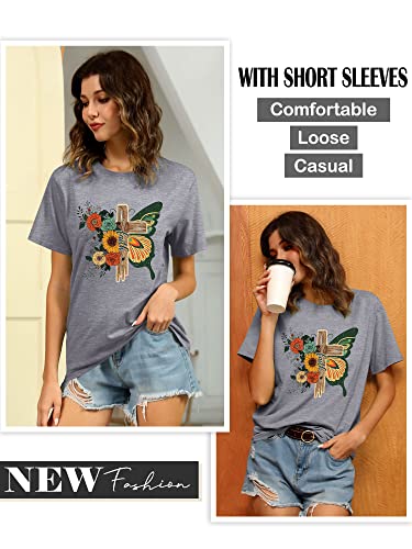 FEMLE Women's Cross Faith T Shirt Cute Short Sleeve Butterflies Flowers Graphic Tees Casual Loose Summer Tops