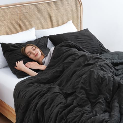 PHF Soft Seersucker Comforter Set Queen Size, 3 Pieces Lightweight Black Bedding Set for All Season, Breathable Comforter Sets with 1 Comforter and 2 Pillowcases