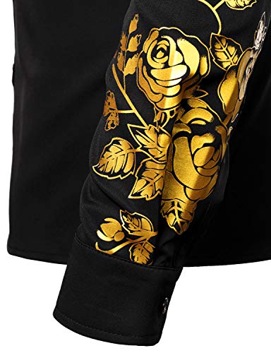 ZEROYAA Men's Hipster Rose Floral Printed Slim Fit Long Sleeve Button Up Party Dress Shirts ZZCL63 Black Pink Medium