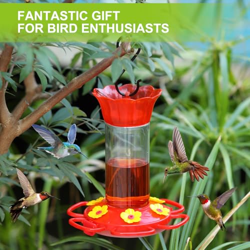 Rihogar Hummingbird Feeder for Outdoors Hanging, 2 Pack Plastic Humming Bird Feeders with Buckle, 6 Feeding Ports, Built-in Ant Moat, Wild Bird Feeder for Outside Garden, Leak-Proof (12 oz)