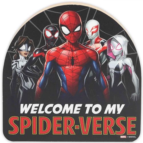 Marvel Spider-Man Welcome to My Spider-Verse Shelf Sitter Decor - Fun Wood Block Spider-Man Decoration for Teen Room or Movie Room