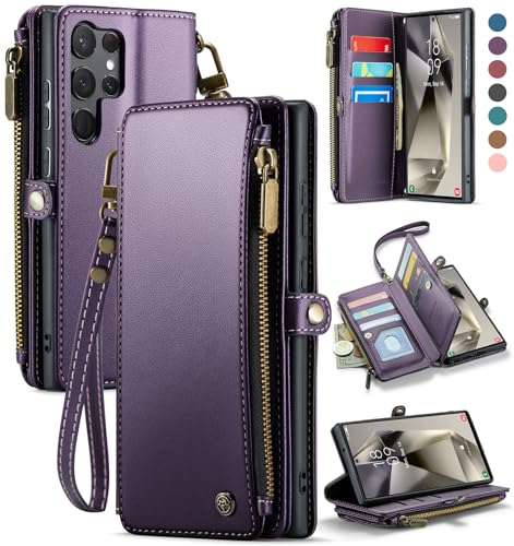 Defencase Compatible with Samsung Galaxy S23 Ultra Case Wallet with RFID Blocking Card Holder for Women Men, PU Leather Magnetic Snap Flip Zipper Strap Phone Case Fit for Galaxy S23 Ultra 5G, Purple