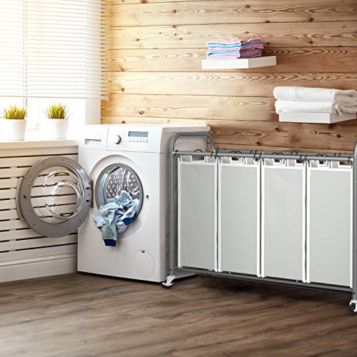 ROMOON Laundry Sorter, 4 Compartment Laundry Hamper with Heavy Duty Rolling Lockable Wheels, Laundry Basket Organizer with Removable Bags for Dirty Clothes Storage, Black