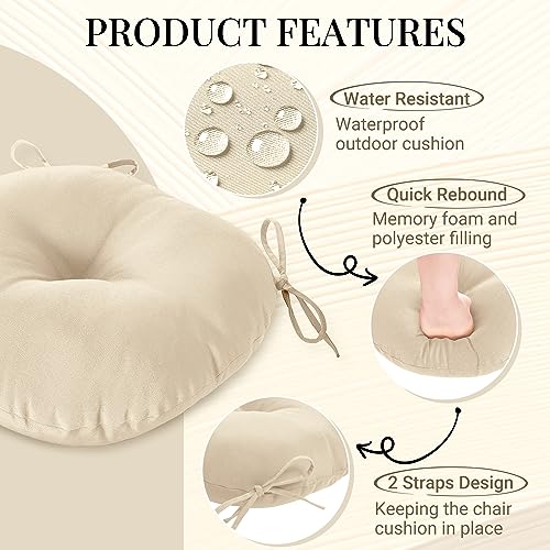 downluxe Bistro Chair Cushions for Patio Furniture, Water-Resistant Round Outdoor Chair Cushions Set of 2 with Non-Slip Ties, 15" x 15", Beige
