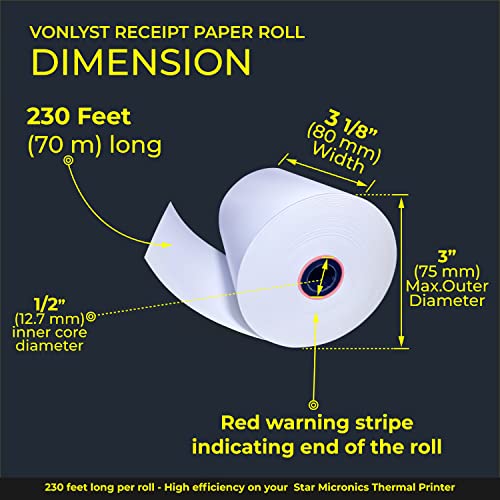 Vonlyst Receipt Paper Roll 3 1/8 x 230 for Square Register and Square POS System connected to Star Micronics Thermal Printer (Pack 12 rolls)
