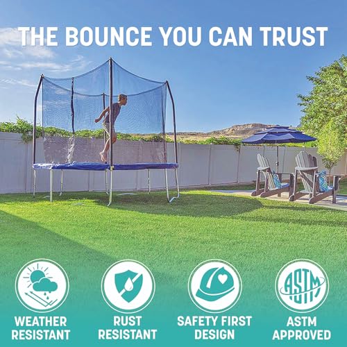 Skywalker Trampoline Outdoor 10 Ft. Round Outdoor Trampoline with Net, Trampoline Mat, and Basketball Hoop for Trampoline, ASTM Approval, 700 LBS Weight Capacity - Blue