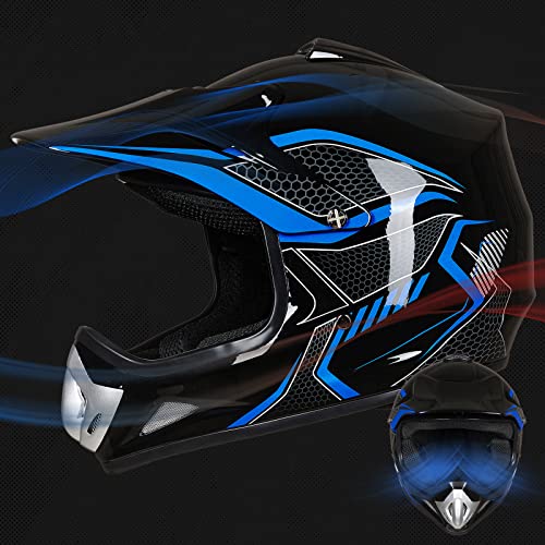 ILM Youth Kids Dirt Bike Helmet ATV Motocross DOT Off-Road Street Helmet Goggles Gloves Full Face Protective Helmet Model BLD-818(Blue,Youth-Small)