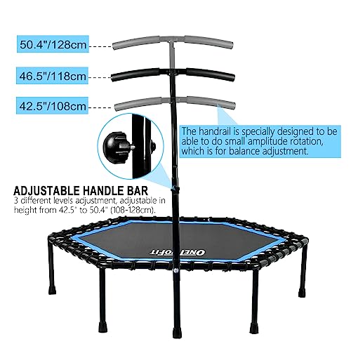 ONETWOFIT 48" Silent Mini Trampoline with Adjustable Handle Bar Fitness Trampoline Bungee Rebounder Jumping Cardio Trainer Workout for Adults Blue