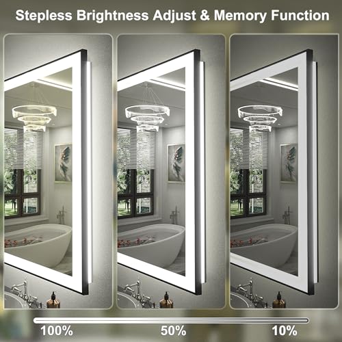 44x32 LED Bathroom Mirror with Black Frame, Dimmable Vanity Mirror with Lights for Wall, Backlit and Front Lighted, Memory, Anti-Fog (Horizontal/Vertical)