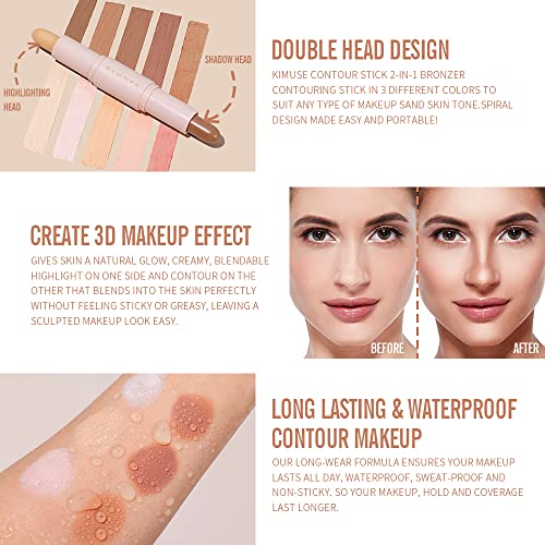 KIMUSE 2 Color Dual Cream Contour Stick, Highlight & Contour Bronzer Stick, Long Lasting & Waterproof Contour Sticks Kit for Light Skin Face Makeup