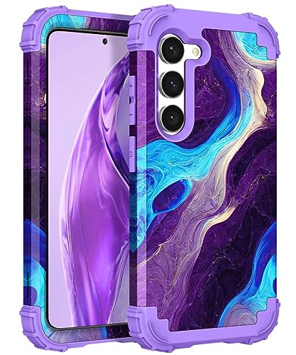 Hocase for Galaxy S23 Case, Shockproof Heavy Duty Protection Soft Silicone Rubber Bumper+Hard Plastic Hybrid Protective Case for Samsung Galaxy S23 (6.1" Display) 2023 - Blue Purple Marble