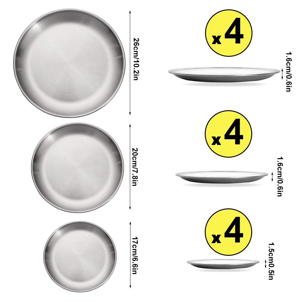 12 Pack Stainless Steel Plates, Reusable Brushed Metal Dinner Plates, Metal Dinner Dishes for Picnic BBQ Steak (sliver)