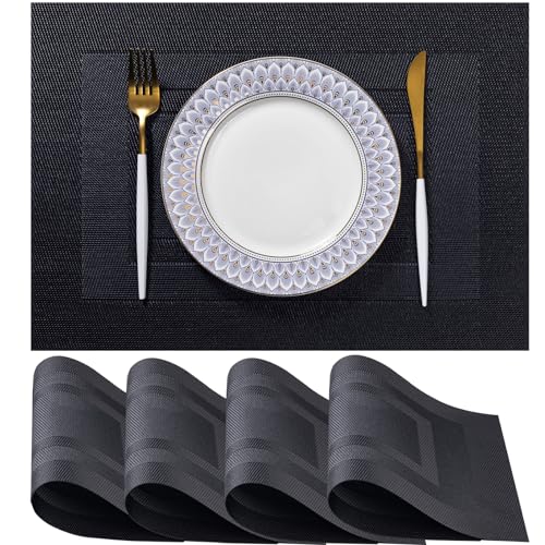 LEXMORE PVC Woven Placemats 4 PCS Wipeable Indoor/Outdoor Table Mats Washable Vinyl Place Mats for Dining Table, Set of 4-Black Cube