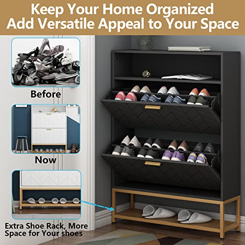 Loomie Shoe Cabinet, Free Standing Tipping Bucket Shoe Rack Organizer with 2 Flip Drawers,Entryway Narrow Shoe Storage with Shelf & Top Cubby,Modern Slim Hidden Cabinet With Doors (Black)
