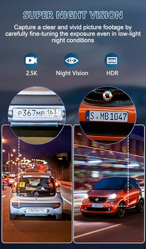 Dash Cam Front and Rear Camera 3 Channel 2.5K+1080P+1080P, Dash Cam Front and Inside Camera Included 64GB Card, Dash Camera for Cars with Infrared Night Vision, Parking Monitor, Accident Lock