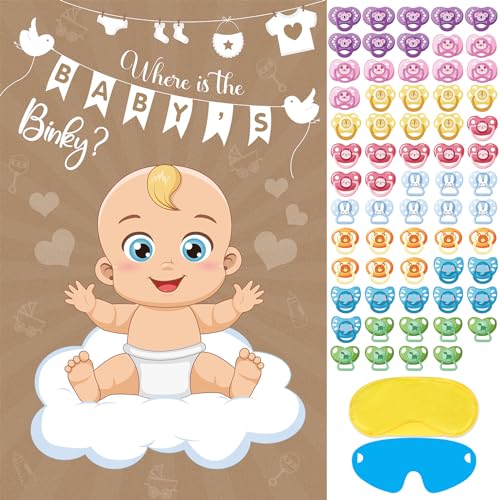 Atiloy Pin The Pacifier On The Baby Game - Baby Pacifier Games Poster with 64 Pacifier Stickers for Baby Shower Party Favors, Boys and Girls Kids Birthday Party Supplies