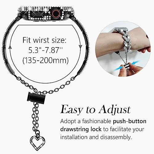 WINGLE for Apple Watch Band with Case 38mm Women Series 3 2 1, Luxury Diamond Sparkle Rhinestone Crystal Designer Dressy Chain Bracelet Metal Band with Bling Screen Protector Case, 38 mm Black