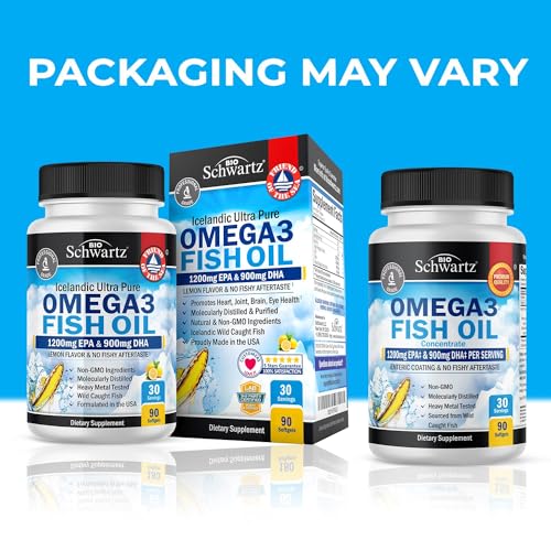Omega 3 Fish Oil Supplement - 1200mg EPA and 900mg DHA Fatty Acid Per Serving - Supports Joint, Eyes, Brain & Skin Health - Burpless Lemon Flavor, Gluten-Free, 90 Softgels (Packaging May Vary)