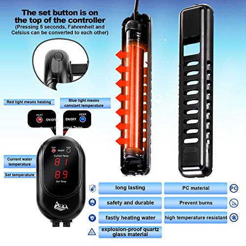 AQQA Submersible Aquarium Heater,100W/200W/300W/500W/800W/1000W/1200W Fish Tank Heater,External Temperature Controller LED Temperature Display,Suitable for Saltwater and Freshwater(100W)