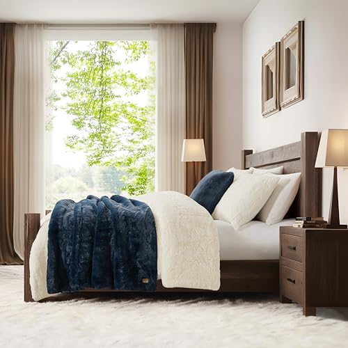 UGG 16804 Euphoria Plush Faux Fur Reversible Throw Blanket Easy Care Machine Washable Luxury Cozy Fuzzy Fluffy Luxurious Home Decor Luxurious Soft Blanket for Sofa, 70 x 50-Inch, Indigo