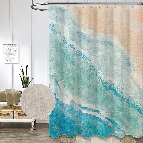 De-Mediocre 4 Pcs Beach Shower Curtain Sets Blue Ocean Water Drop Sea Waves Bath Mat Decor Bathroom Toilet Mat Lid Cover U Shaped Non-Slip Rug Accessories Fabric Polyester 72x72 Inch