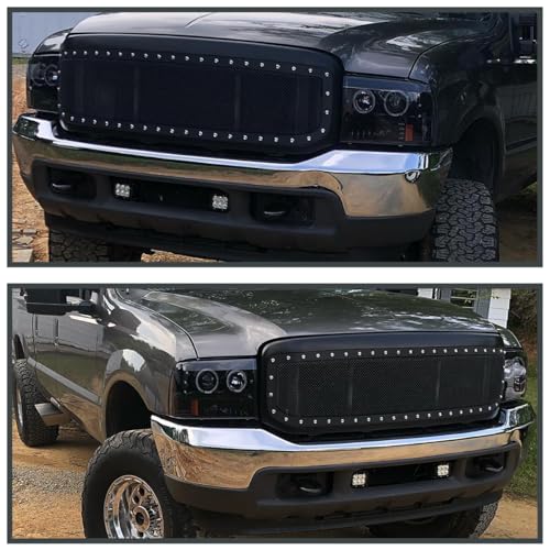 SPEC-D TUNING Halo Rim LED Glossy Black Housing Smoke Lens Projector Headlights Compatible with 1999-2004 Ford F-250/F-350/F-450/F-550 Super Duty, Left + Right Pair Headlamps Assembly