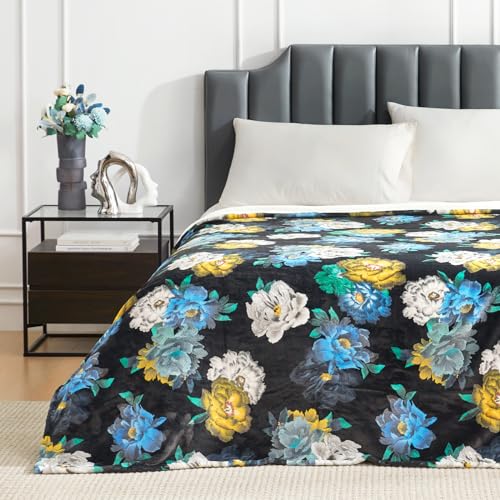 Cozy Bliss Midnight Bloom Bed Blanket Queen Size Bed Luxury Printed Single Layer Plush - Offside Pure White, Most Giftable for Your Famliy and Friends 90"x90"