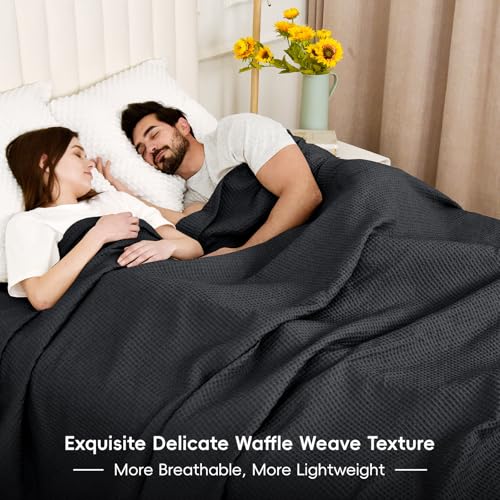 PHF 100% Cotton Waffle Weave Black Throw Blanket 50" x 60"-Lightweight Washed Soft Breathable Blanket for Adults and Kids-Perfect Blanket Layer for Couch Bed Sofa-Elegant Home Decoration