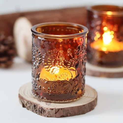 Blue Votive Candle Holders 24 pcs Glass Votive for Table Centerpiece Embossed Bouquet Tea Light Candle Holders for Wedding, Birthday Party Christmas Decoration Indoor
