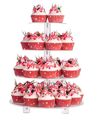 YestBuy 4 Tier Round Acrylic Cupcake Stand with Base, Premium Cupcake Holder, Acrylic Cupcake Tower Display Cady Bar Party Décor – Display for Pastry (4" Between 2 Layers with Base)