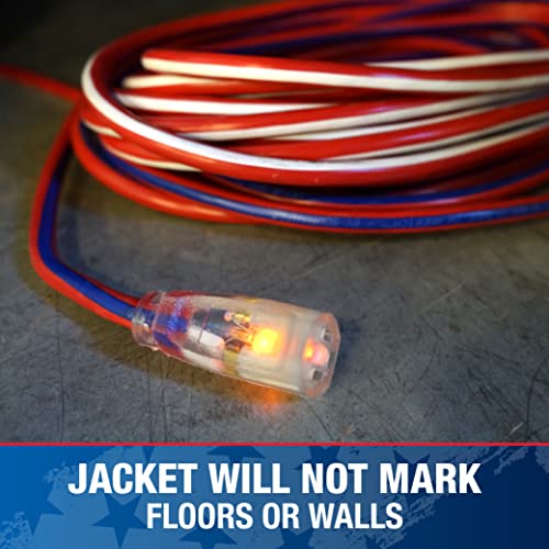 Southwire Heavy Duty Extension Cord, 50Ft, 12 Gauge, 3 Conductor, Outdoor Cord, Lighted End, SJTW, Red/White/Blue, 2548SWUSA1