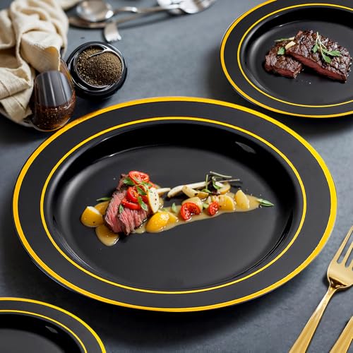 bUCLA 150 Pieces Black and Gold Disposable Dinnerware Set - 25 Guests Black Gold Plastic Plates Include 25 Dinner & 25 Dessert Plates, 25 Spoons, 25 Forks, 25 Knives, 25 Cups for Party