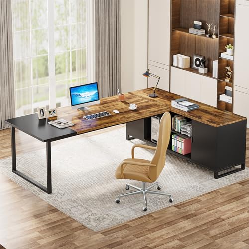 Tribesigns 70.8" Executive Desk with 55" File Cabinet, Modern L Shaped Computer Desk with Storage Shelves and Cabinet, Large L Shaped Executive Desk for Home Office, Beige & Walnut