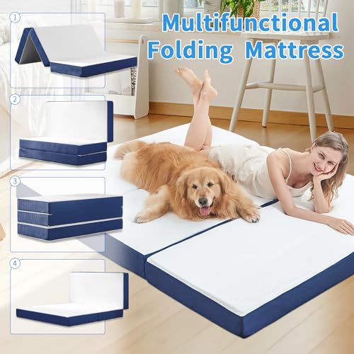 CYMULA Folding Mattress Full Size,4 inch Memory Foam Tri Fold Mattress,Portable Folding Mattress with Washable Cover, Foldable Mattress Topper Full Camping,Guest (52"×73"×4")