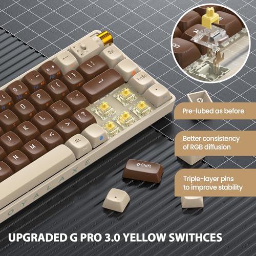 ROYALAXE 60 Percent Wireless Mechanical Keyboard, Gateron G Pro 3.0 Yellow Switch, Hot Swappable Wired/Bluetooth/2.4G Wireless Keyboard with RGB Light for Windows & Mac, PBT Keycaps, Lava Brown