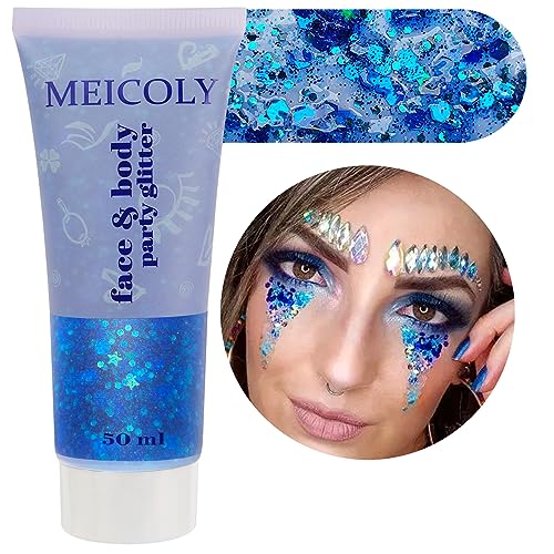 MEICOLY Light Blue Body Glitter,Mermaid Princess Face Glitter Gel,Ice Blue Glitter Face Paint for Halloween,Frozen Birthday Party Decorations,Chunky Glitter for Eye Lip Hair,Festival Rave Glitter Gel