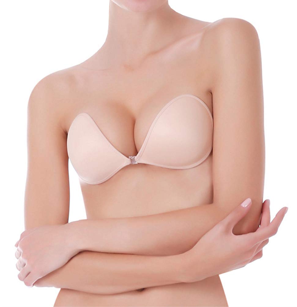 Strapless Adhesive Invisible Bra Reusable Push Up Silicone Sticky Backless Dress Bra, Nude A Cup