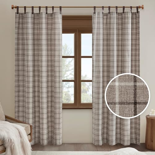 Madison Park Anaheim Cabin Plaid Curtain Window, Thermal Insulated Fleece Lining, Living Room Decor Light Blocking Drape for Bedroom, 1-Single Panel Pack, 50" x 84", Faux Leather Tab, Brown