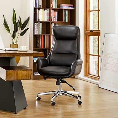Glitzhome Mid-Century Modern Air Leatherette Adjustable Swivel High Back Office Chair, Black
