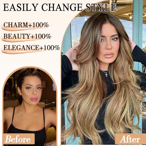 FREEMEIGE Clip in Long Wavy Synthetic Hair Extension 20 Inch Medium Brown 4PCS Thick Hairpieces Fiber Double Weft Hair for Women
