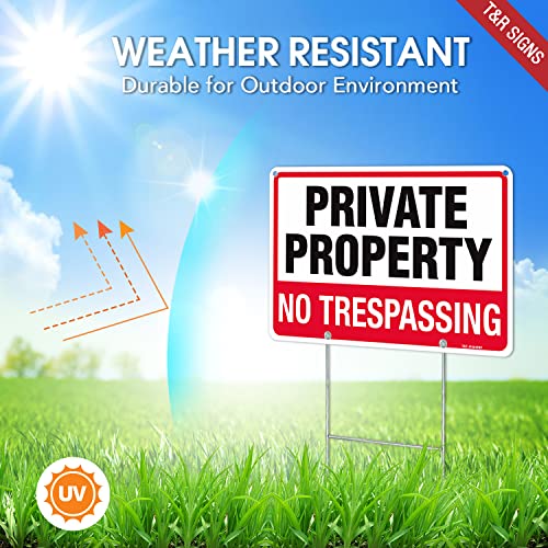 T&R No Trespassing Sign Private Property Sign with H Stake for Outside,1 Pack,12"x8" .040 Rust Free Heavy Aluminum, Waterproof,Includes Matching Screws & Wrench, Easy to Mount