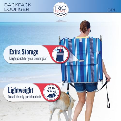Rio Brands Portable Folding Backpack Beach Lounge Chair with Backpack Straps and Storage Pouch, Blue Multi Stripe