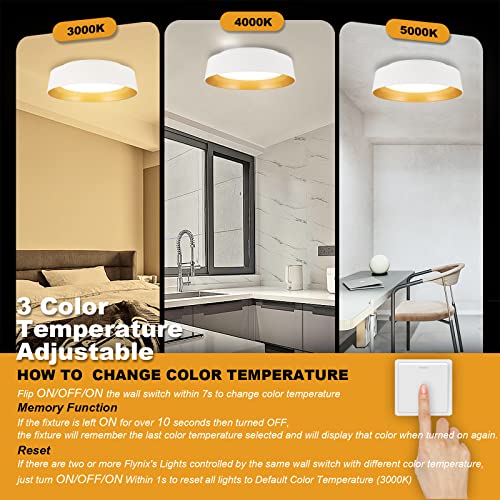 Flynix 12.5 Inch LED Flush Mount Ceiling Light Fixture, 26W, Super Bright 1350 Lumen, 3 Color 3000K/4000K/5000K, Matt White with Gold Inside, Dimmable Ceiling Lamp for Bedroom Hallway Bathroom Outdoor