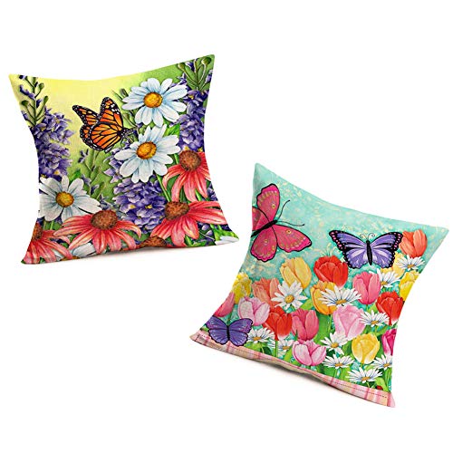Smilyard Flower Butterfly Throw Pillow Covers Watercolor Daisy Tulip Farmhouse Cushion Cover Cotton Linen Spring Floral Pillow Case Set of 2 18x18 Inch Outdoor Animal Pillowcase (Butterfly 2Pcs)