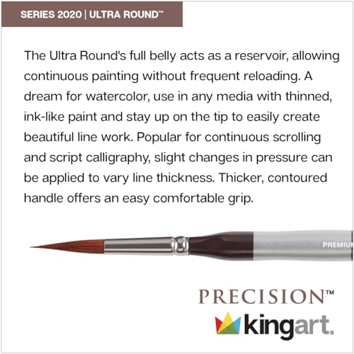 KINGART Premium Precision 2020-6 ULTRA ROUND Series Artist Brush, Synthetic Amber Taklon, Short Ergonomic Comfort Handle, for Acrylic, Oil and Watercolor Paint, Size 6